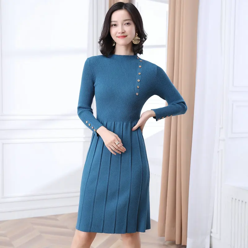 

Women Elegant Knitted Dresses Autumn Spring Slim Fit Chic Knit Skinny One Piece Female Blue Black Green Button Design Dresses