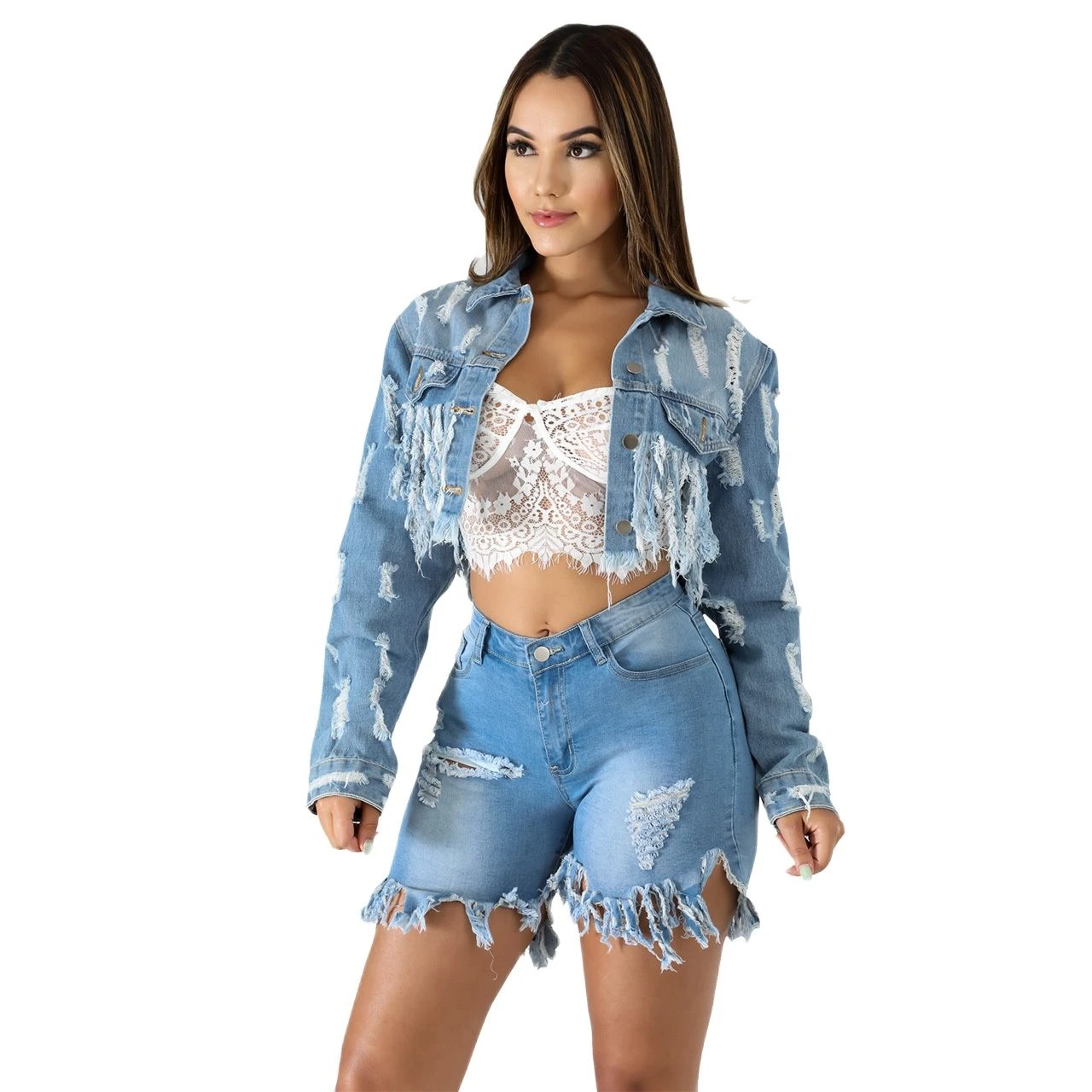 Short distressed denim jacket Clearance