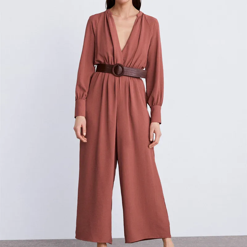 2019 для женщин High Street V средства ухода за кожей Шеи твердые цветные ленты Комбинезоны для дамы фонари рукавом широкие брюки повседн