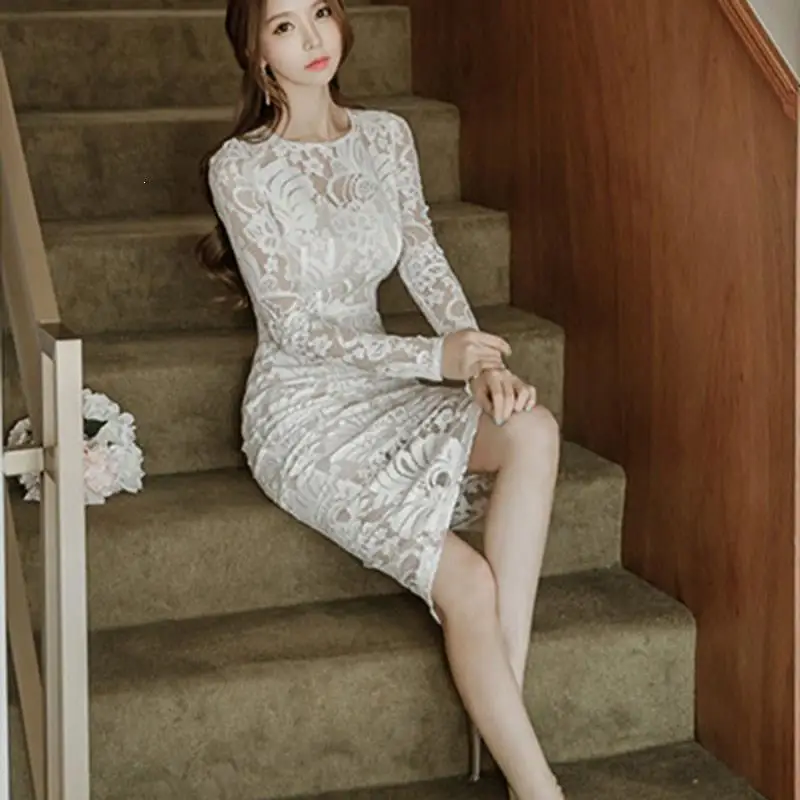 2019 Women Office Pencil Lace Dress Solid Spring Fall Long Sleeve White ...