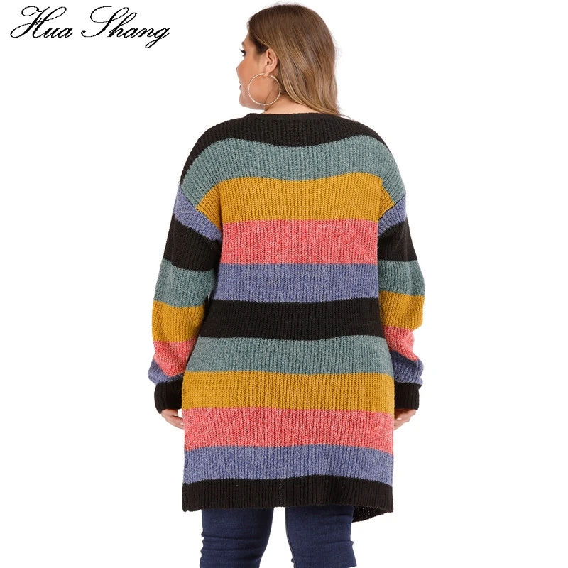 Женский свитер размера плюс, осенний, зимний, длинный, с длинным рукавом, Радужный, контрастный, в полоску, длинный, с карманами, свободный, женский кардиган, пальто