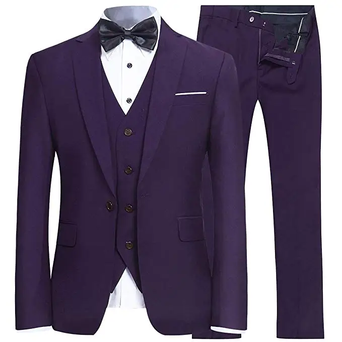 Purple Gary Мужской приталенный костюм из 3 предметов на одной пуговице Блейзер жилет под смокинг и брюки - Цвет: Purple
