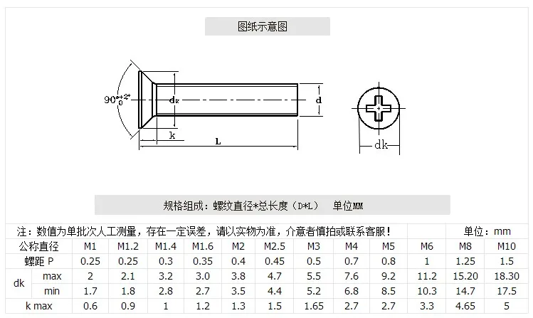 GB819 DIN965 m1 m1.2 m1.4 m1.6 m2 m2.5 m3 m4 m5 нержавеющая сталь 304 Плоский винт с крестообразным шлицем Винты с потайной головкой и микро-крепежный винт