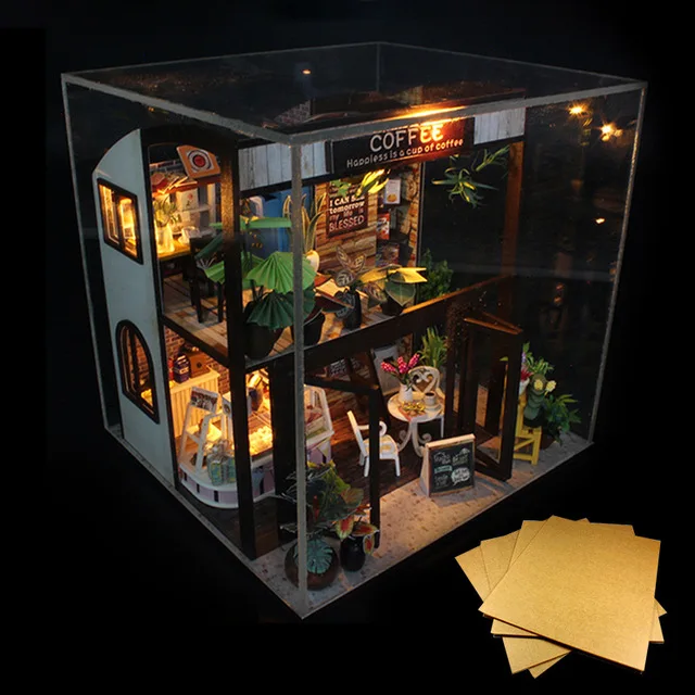 Двухслойный кофейный бар времени Diy Миниатюрный 3D Деревянный кукольный домик развивающие горячие детские/взрослые игрушки для детей подарки на день рождения - Цвет: With dust cover
