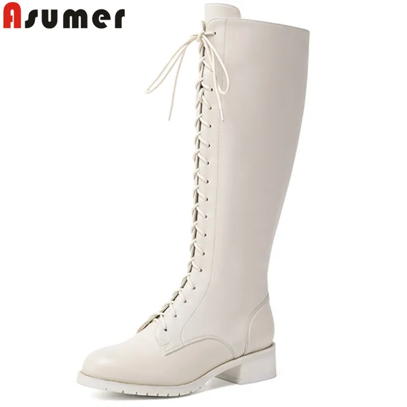 

ASUMER 2020 new genuine leather boots round toe alce up med heels ladies boots zip autumn winter boots womens big size 34-43