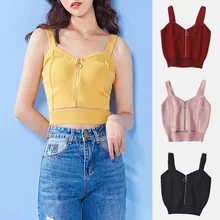 Летний сексуальный укороченный топ на молнии для женщин, майка для клуба, Трикотажная майка для девушек, Женская однотонная простая майка без рукавов