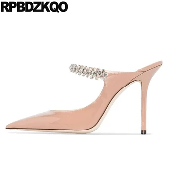 

12cm 5 inch pointed toe patent leather high heels luxury ladies dress shoes mules slipper nude stiletto crystal big size pumps
