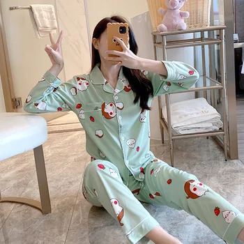 

Spring Autumn Women Pajama Sets Cute Print Turn-down Collar Nightgown Satin Sleepwear Homewear