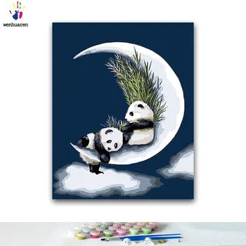 

DIY Coloring paint by numbers Two pandas hanging on the moon paintings by numbers with kits 40x50 framed