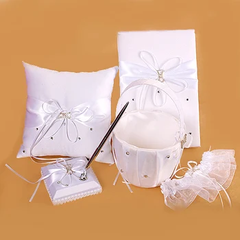 

"Love Ever Lasting" (Set of 5 ) Wedding Guestbook Ring Pillow Pen Set Garter and Flower Basket Collection Set With Rhinestones