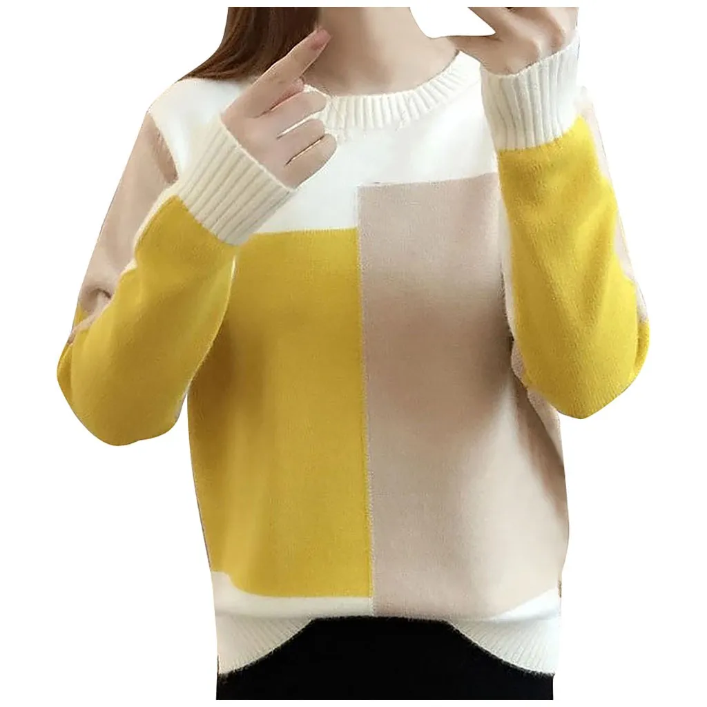 Jersey mujer invierno, женский свитер, Модный Цветной пуловер в стиле пэчворк, зимний теплый свитер с круглым вырезом и длинными рукавами, вязаный Топ, ropa mujer