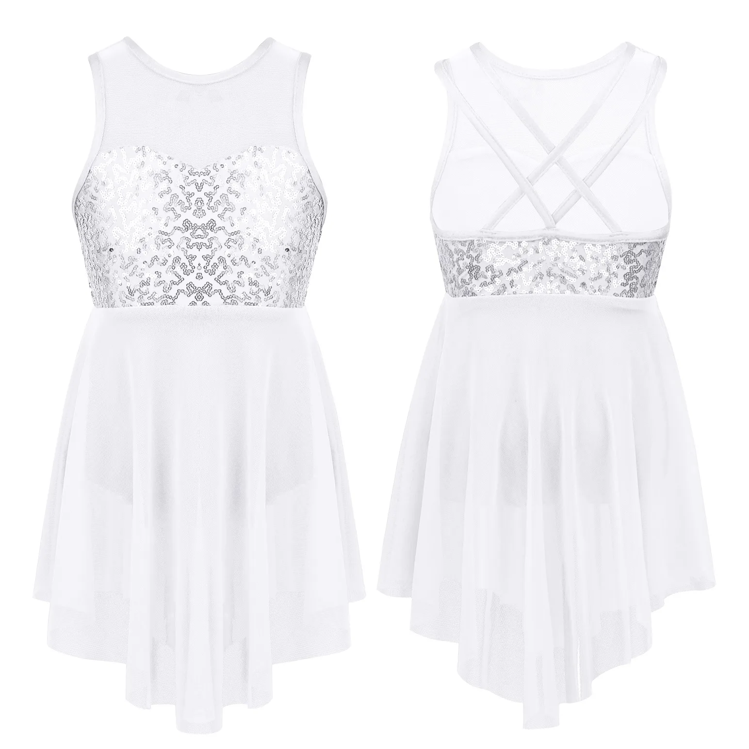 Vestido de competición de baile de ballet y patinaje artístico para niñas pequeñas, sin mangas, con lentejuelas brillantes y dobladillo irregular, con espalda hueca