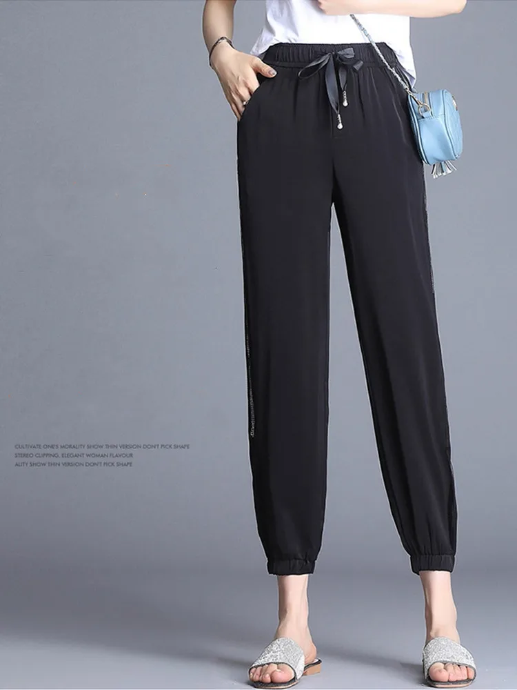 Chiffon casual pants female summer thin ice silk nine points beam feet harem pants loose and thin net yarn lantern radish pants capri leggings with pockets