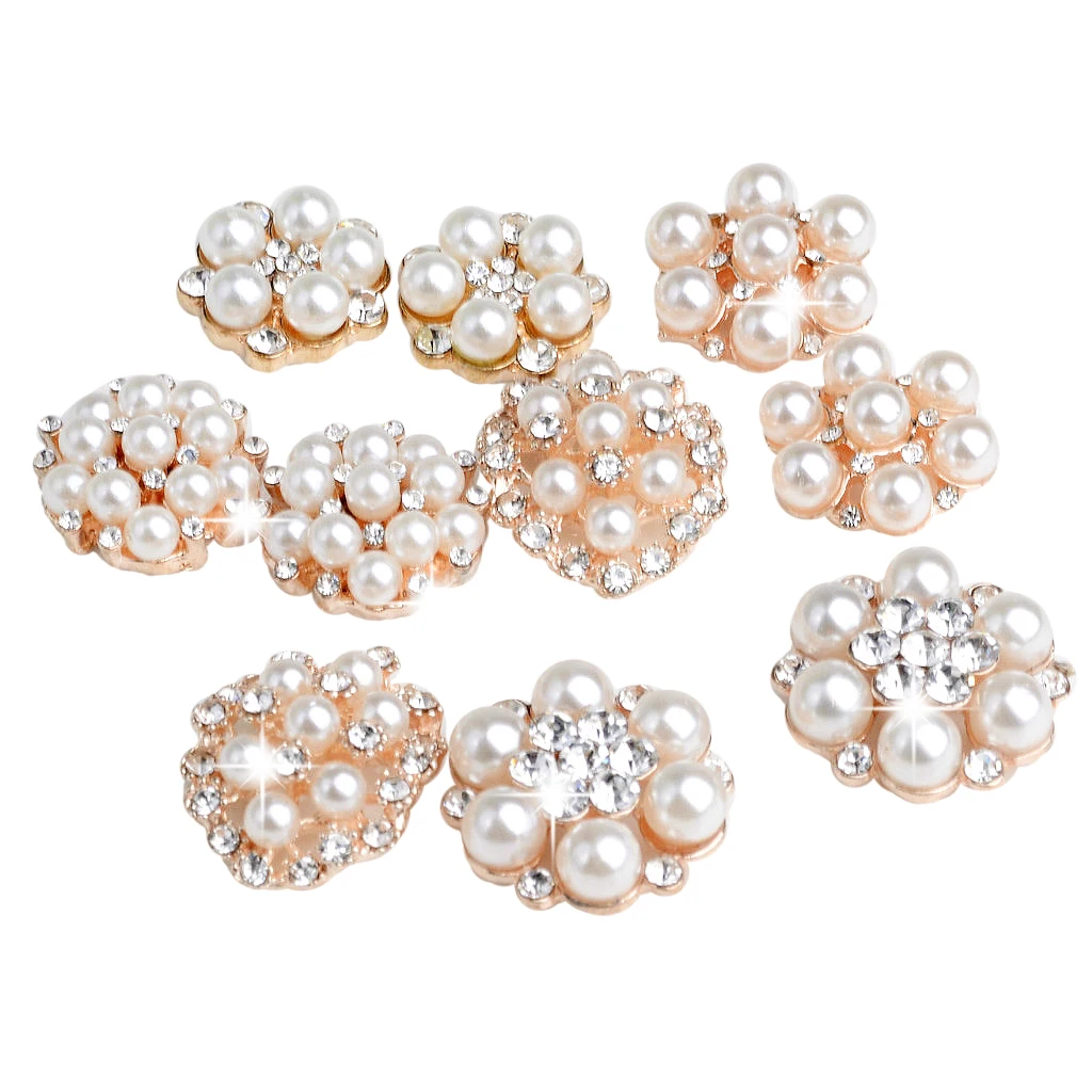 10 Pieces Assorted Alloy Flower Rhinestone Pearl Flatback Crafts Buttons Embellishments