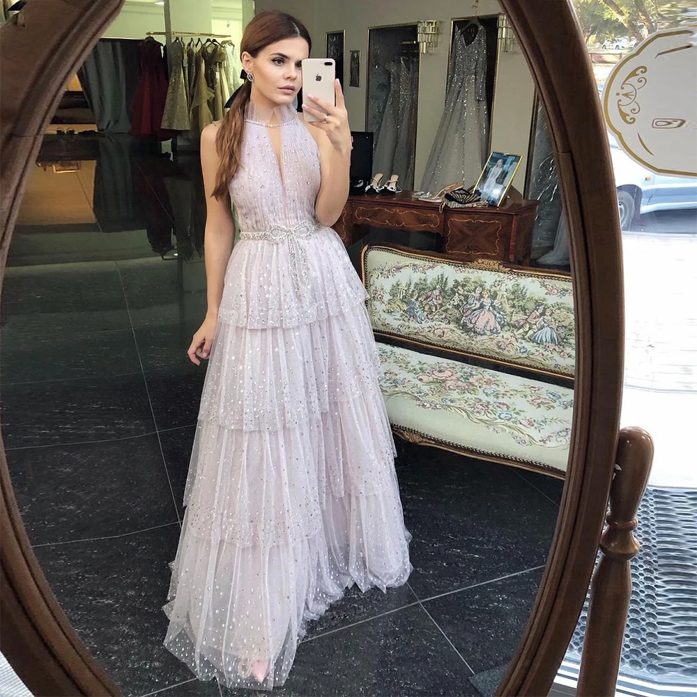 

Dubai A-line Evening Dresses for Women 2020 High Neck Crystal Tulle Tiered Layers Graduation Formal Engagement Party Gowns