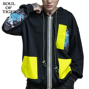

SOUL OF TIGER 2020 Korean Spring Fashion Mens Plus Size Sweatshirts Male Printed Hooded Hoodies Vintage Loose Patchwork Clothes