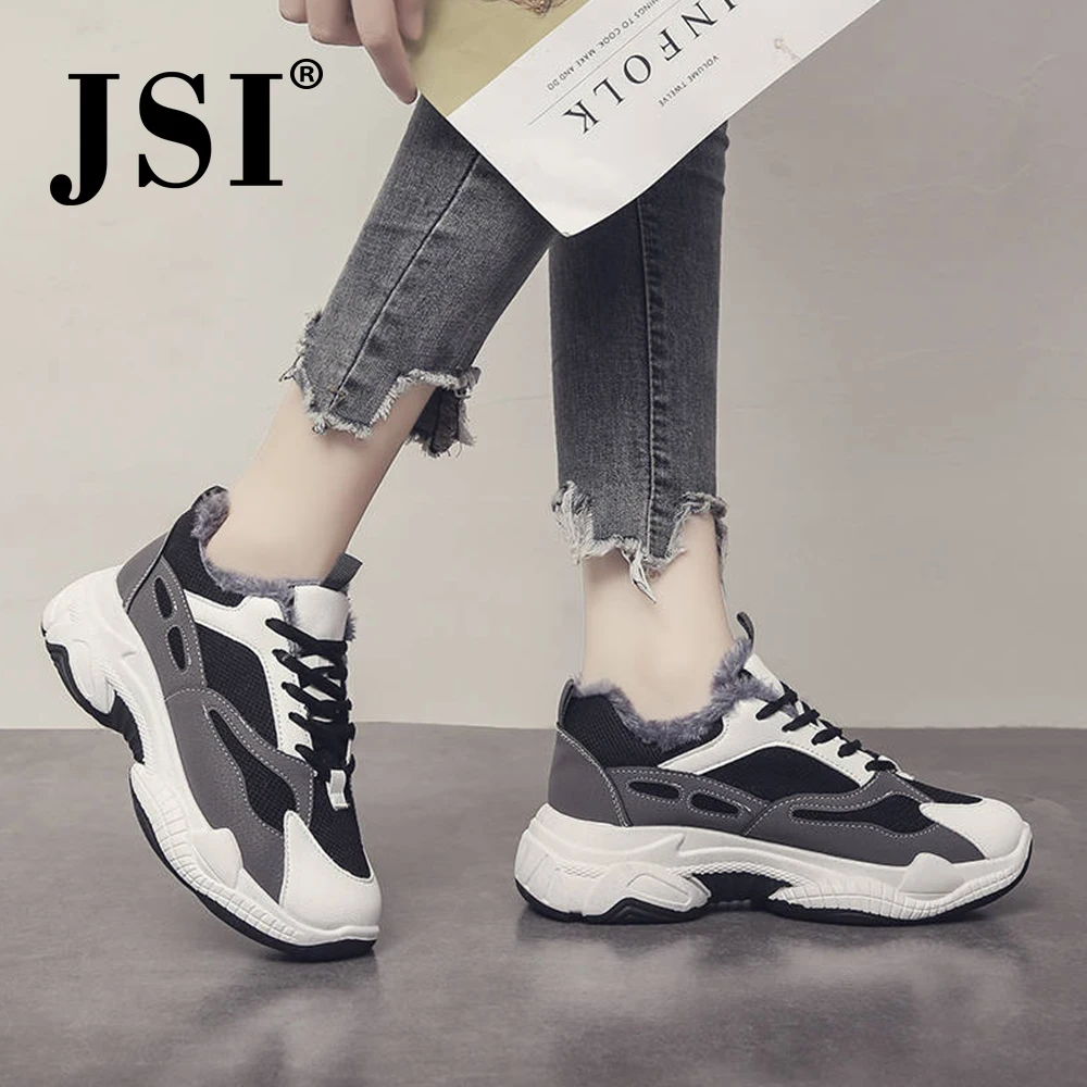 

JSI 2019 New Fashion Sneakers Comfortable Warm Round Toe Mixed Color Casual Women Shoes Lace-up Platform Shoes J2