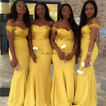 

Golden Yellow Sequined Bridesmaid Dresses 2020 Glitter Off The Shoulder Wedding Guest Dress Long Mermaid Prom Gowns For Women