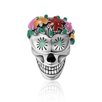 

2019 NEW Halloween Collection 100% 925 Sterling Silver Flower Skull Charms Colorful Enamel Beads fit Women Bracelets DIY Jewelry