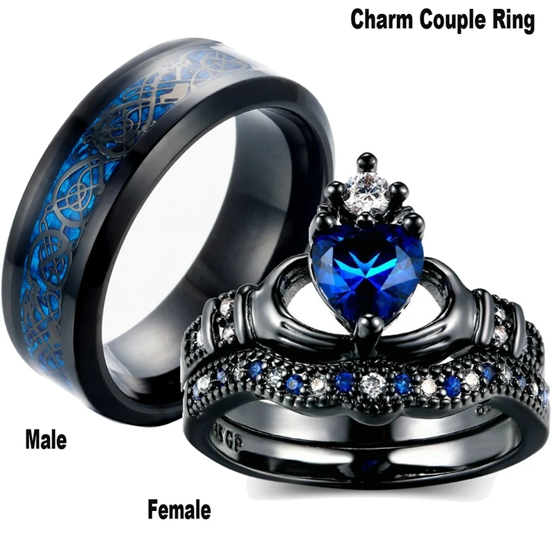 2 Rings Couple Rings Black Stainless Steel Men's Ring Sapphire Women's Ring Sets 