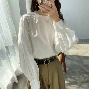 

Women Elegant White Blouse 2020 Spring Lantern Sleeve Solid Color Korean Shirt New Ladies Tops Female In Stock