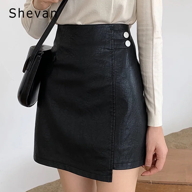 Shevan Черная Кожаная Мини юбка для женщин зима модная Клубная Асимметричная трапециевидная с подкладкой Женская юбка с высокой талией