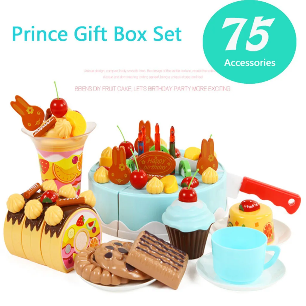 75Pcs Kawaii Pretend Role Play Fashion Toy Birthday Cake Food Cutting Set Children's Kitchen Toys For kids Gift#928 - Цвет: BU