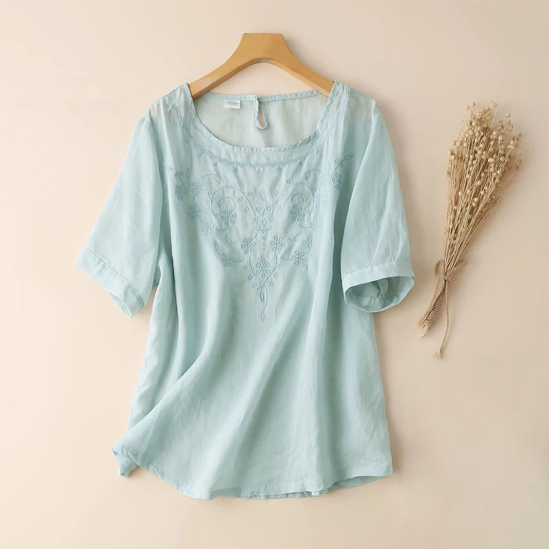 Летние женские футболки с цветочной вышивкой, свободные удобные дышащие топы рами, однотонные милые футболки с коротким рукавом и круглым вырезом - Цвет: blue