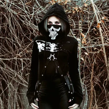 

Rosetic Women 3D Skull Print Hoodie Sweatshirt Drawstring Hooded Top Goth Casual Streetwear Cool Sexy Navel Cropped BlackHoodies