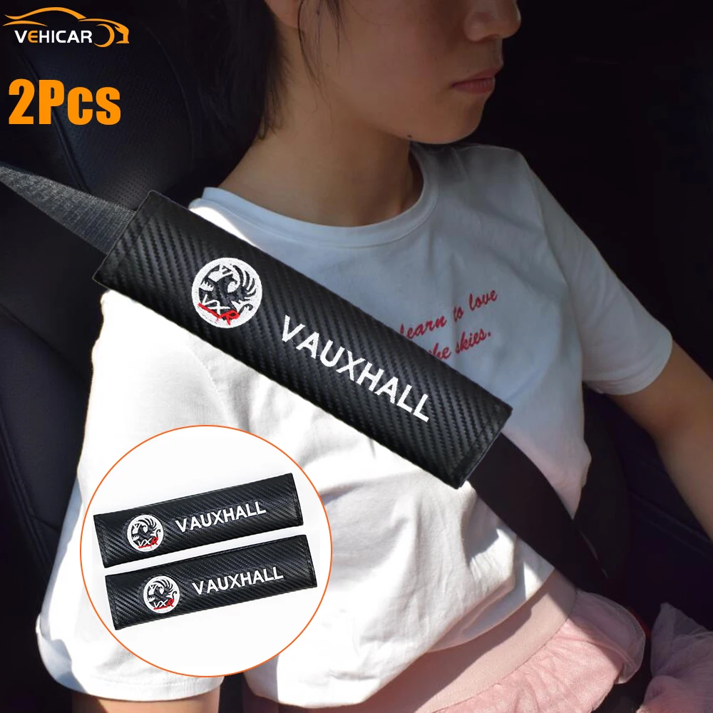 

VEHICAR 2PCS Seat Belt Covers Carbon Fiber Seat belt Shoulder Pad For VAUXHALL Car Logo Knitting Car Accessories