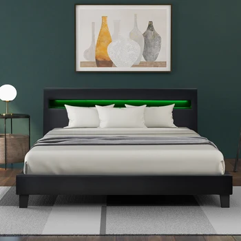 

LED Polsterbett Lattenrost – Kunstleder Bezug & Holz Gestell inschwarz,inkl. LED-Beleuchtung, Kunstleder & Lattenrost，Jugendbett