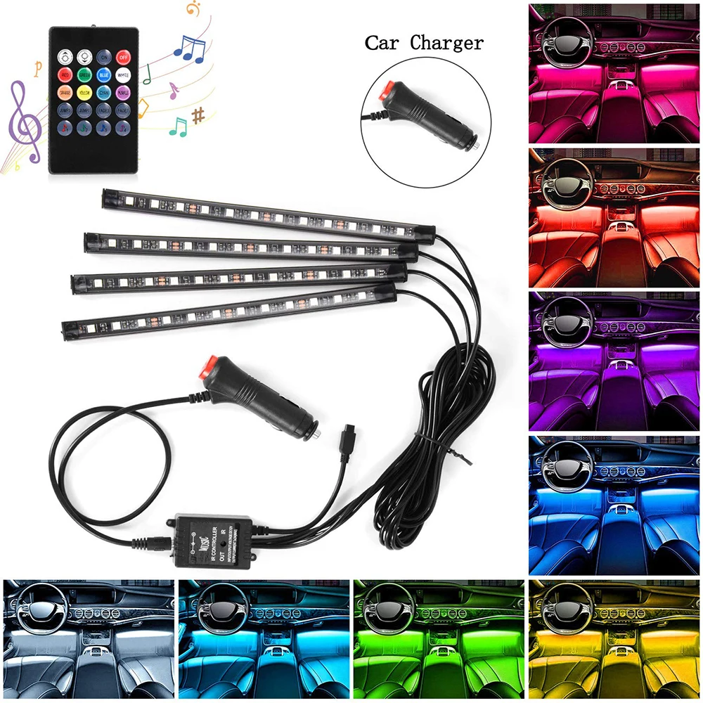 

4Pcs Car LED Interior Strip Light SMD5050 Multicolor Neon Floor Atmosphere Decorative Underdash Light with Sound Active Function