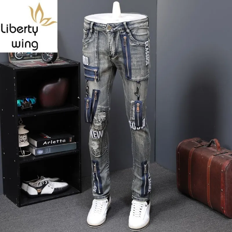 

Autumn Winter New Style Vintage Men Fashion Slim Fit Top Brand Motorcycle Denim Pants Zippers Straight Jeans Streetwear