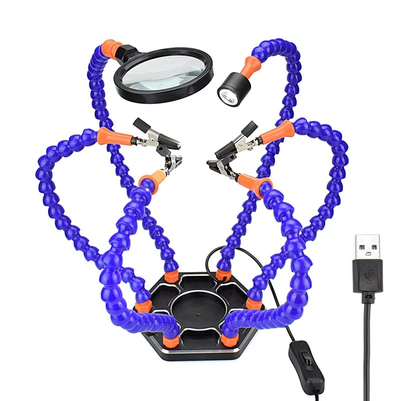 Good Offer for  Third Hand Soldering Pcb Holder Tool Six Arms Helping Hands with Magnifying Glass Lens Usb Charge M