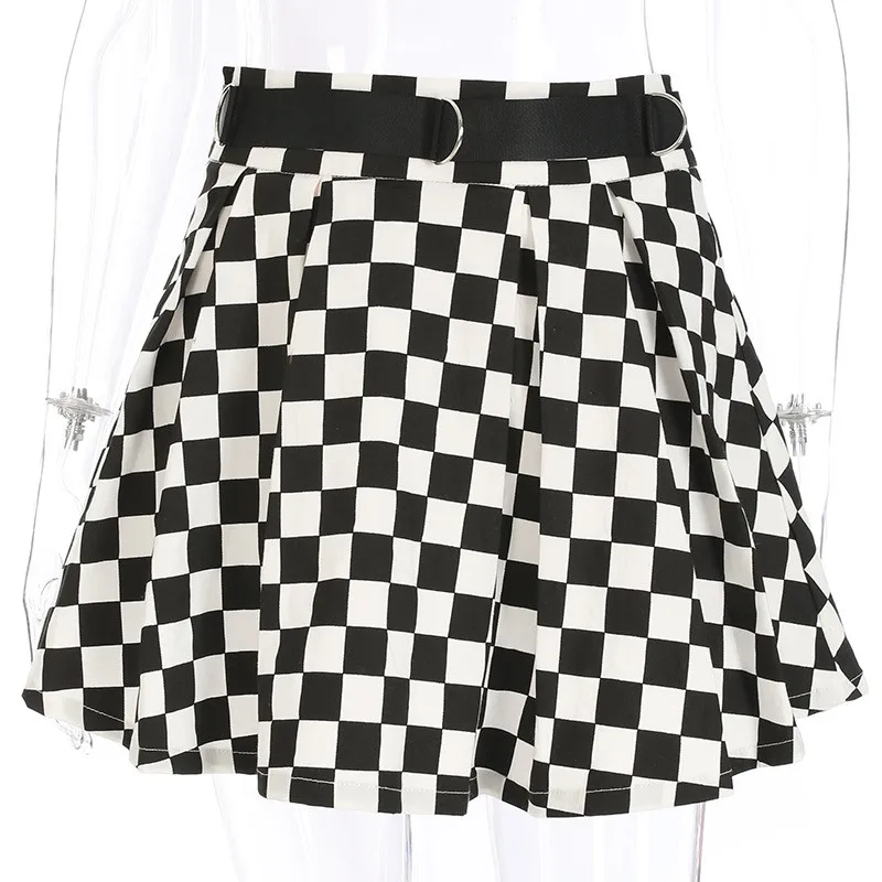 Black and White Плиссированная клетчатая Шахматная юбка, Женская клетчатая юбка с высокой талией, Harajuku, для танцев, корейский стиль, Короткие мини-юбки - Цвет: Black and White