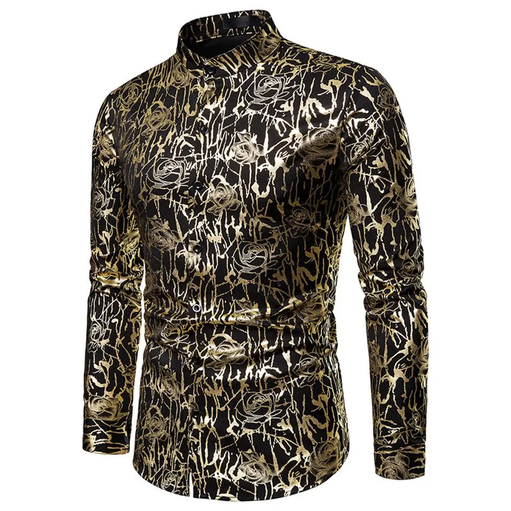 Yfashion/мужские рубашки с длинным рукавом и длинным рукавом, с розовым узором, с золотым тиснением для ночного клуба, модные формальные мужские Рубашки, Топы