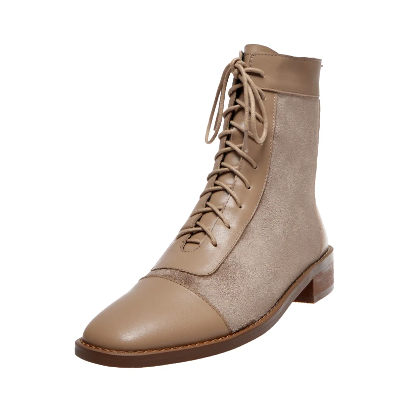 Khaki Xiuningyan/Модные женские ботильоны женские Ботинки martin из натуральной кожи облегающие сапоги ручной работы с квадратным носком женские эластичные сапоги - Цвет: Khaki