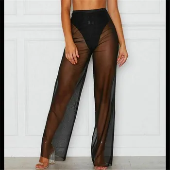 

Women Sexy Fshion See Through Wide Leg High Waist Trousers Clothes Beach Long Loose Mesh Sheer Pants Hot New Clothings Trousers