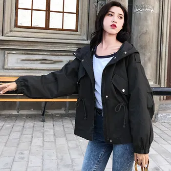 

New Hooded Trench Coat Spring Autumn Women's Hooded Black Green Windbreaker Outerwear Female Casual Zipper Trench Coat