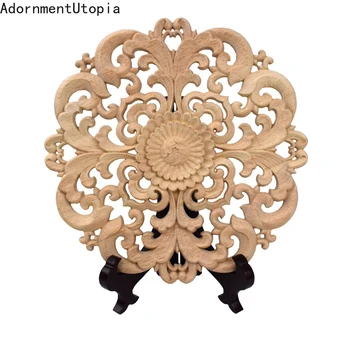

Natural Woodcarving Furniture Decoration Solid Wood Door Round Applique Flower Him Miniature Crafts Figurine Storm 10/12/15/24cm