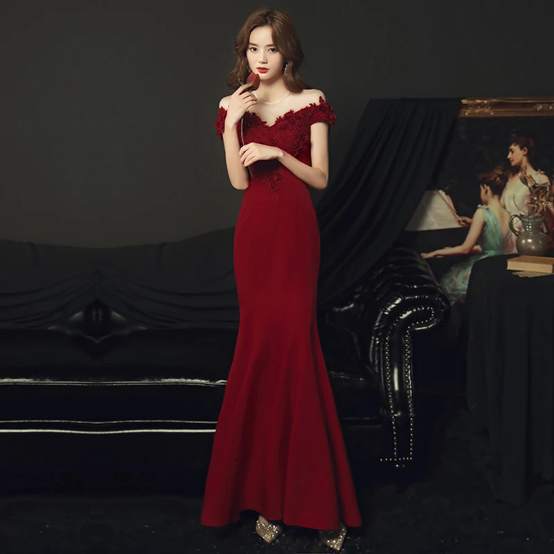 

Burgundy O-Neck Evening Dress Elegant Short Sleeves Embroidery Floor-Length New Mermaid Plus size Women Formal Party Gown C1054