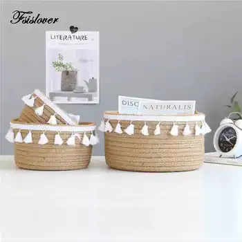 

FSISLOVER ins Nordic Storage Basket Cotton Rope Hanging Tassel Desk Organize Baskets Storage Fur Ball Deco basket for toys