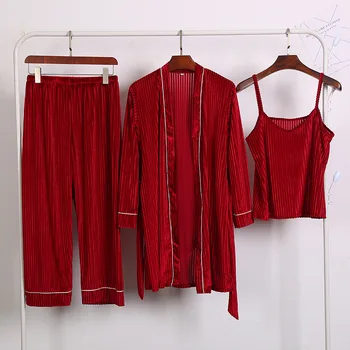 

Young Lady Velvet Long Sleeve Nightwear Soft Sleepwear 3PCS Pajamas Suit Home Clothing Intimate Lingerie Sexy Velour Homewear