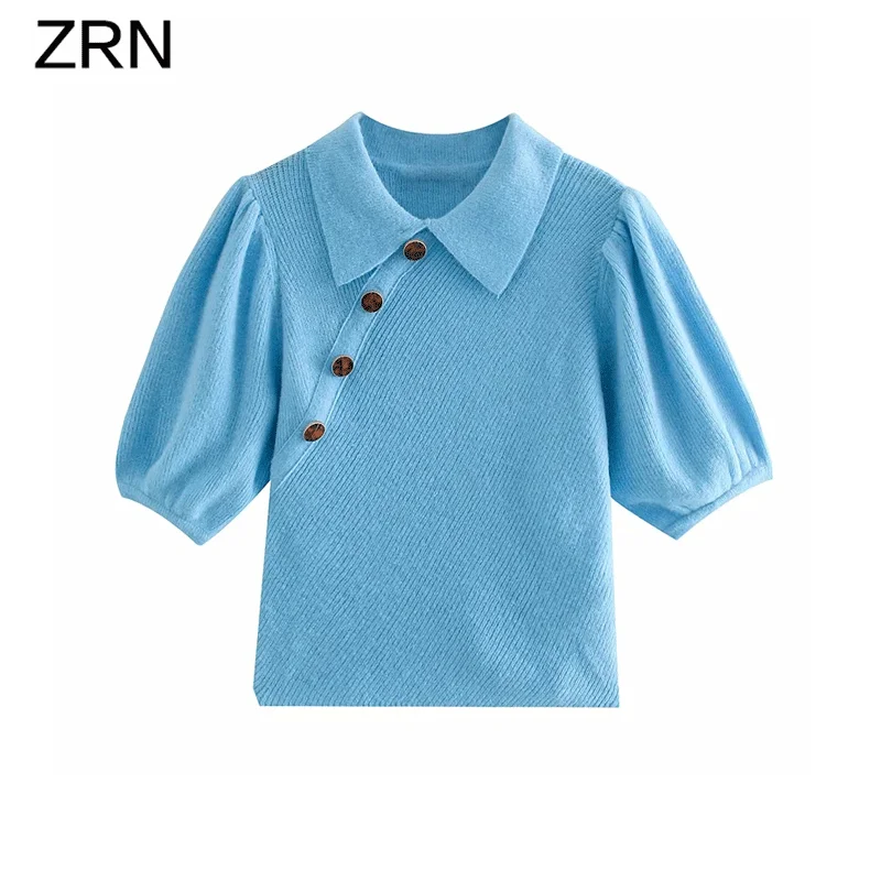 ZRN Women 2020 Fashion Vintage Turn Down Collar Sweaters Blue Buttons Sweater Elegant Puff Sleeve Female chic tops | Женская одежда