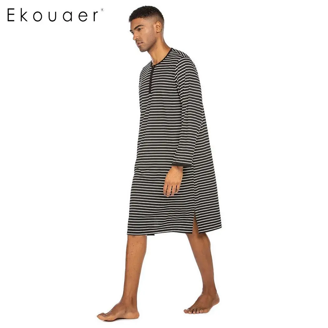 Ekouaer, Мужская Ночная рубашка, домашняя одежда, в полоску, с длинным рукавом, с круглым вырезом, ночная рубашка, до колен, весенняя, осенняя одежда для сна