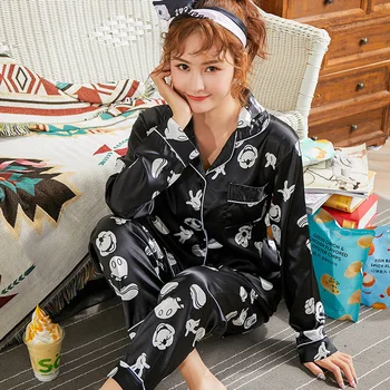

Autumn Faux Silk Women's Pajamas Sets with Fashion Print Female Two Pieces Shirts + Pants Nighties Sleepwear