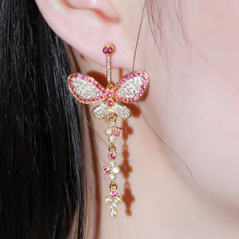 

CWWZircons Luxury Micro Pave CZ Ruby Red Topaz Cute Silver Long Big Butterfly Dangle Earrings for Women Party Wedding Gift CZ763