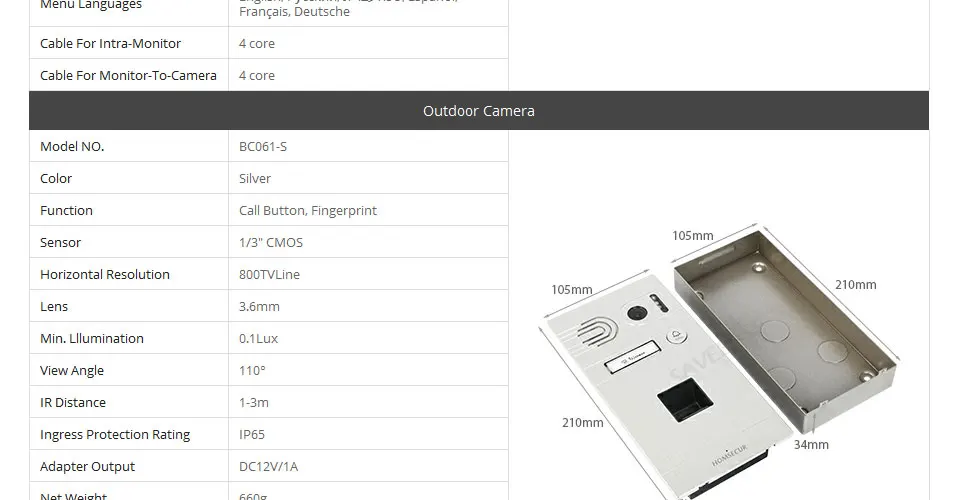 HOMSECUR 7 "проводной Hands-free видео домофон система + отпечатков пальцев камера BC061-S + BM714-S