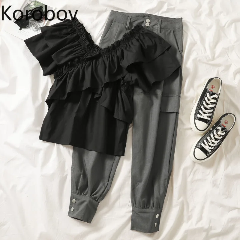 

Korobov Women Suits Casual Overalls Joggers Set Korean Retro Ruffles Off Shoulder Slash Neck Blouse and Pants 2 PCS Set 78796