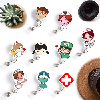 

Wholesales 50pcs/lot Retractable Pull Badge Reels Nurse Doctors ID Lanyard Name Tag Card Cartoon Plastic Chest Badge Holder Reel